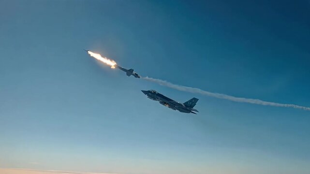 F-35 aircraft flying and firing missiles