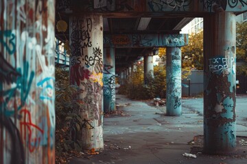 Urban decay is visible beneath an overpass where graffiti artists have been tagging the concrete pillars