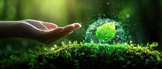 Hand Reaching Towards a Glowing Leaf in a Magical Forest Setting with Sparkling Lights and Moss