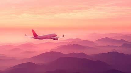 Fototapeta premium Plane is flying in pink sky at sunset. Landscape with passenger airplane over mountains ranges in fog, red sky at twilight. with generative ai