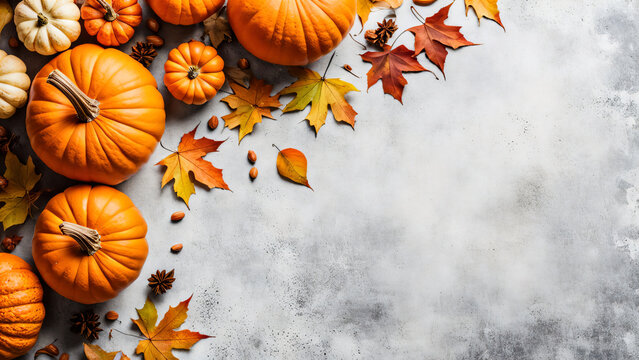 Beautiful autumn season mood banner concept with dry leaves and pumpkins