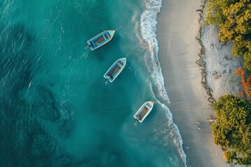aerial drone view of ocean boats beach shore in the beach