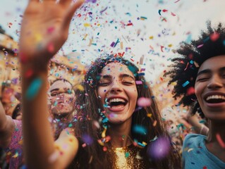Obraz premium A group of people celebrate with confetti, having fun and enjoying each other's company