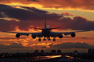 Fototapeta premium Airplane landing runway sunset silhouette city lights.