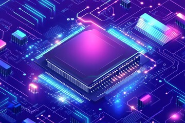 Quantum computer, large data processing, database concept. CPU isometric banner. Central Computer Processors CPU concept.Digital chip with generative ai
