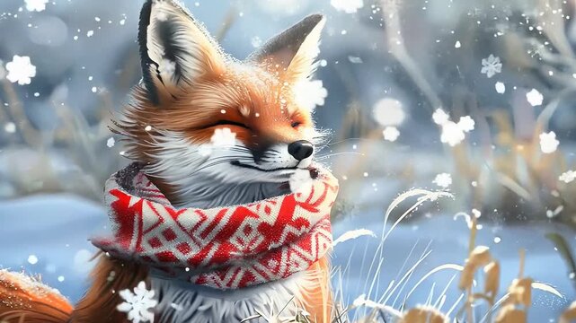 Cozy winter fox enjoying snowfall in festive scarf