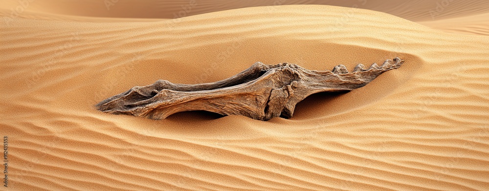 Canvas Prints close-up of a dinosaur vertebra fossil partially uncovered in sand, desert backdrop, clean space for