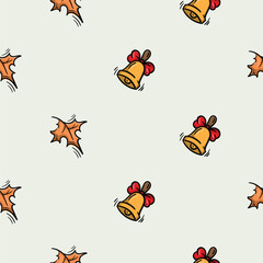 Bright seamless pattern for wrapping paper with autumn leaf and bell icons. Simple vector background with repeating elements. Illustration related to autumn, school, learning
