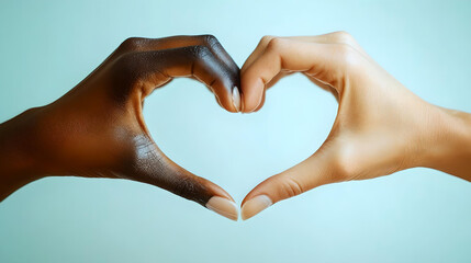 Fototapeta premium Two hands of different races forming a heart shape against a light blue background, symbolizing love, unity, and diversity.