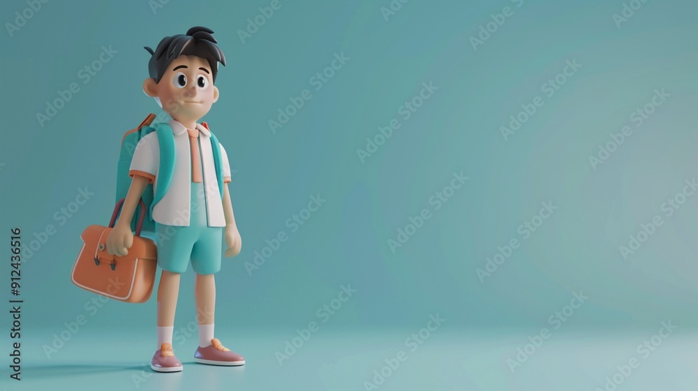 Wall mural Student in a school uniform,3D render clay style, colorful, isolated on pure solid background