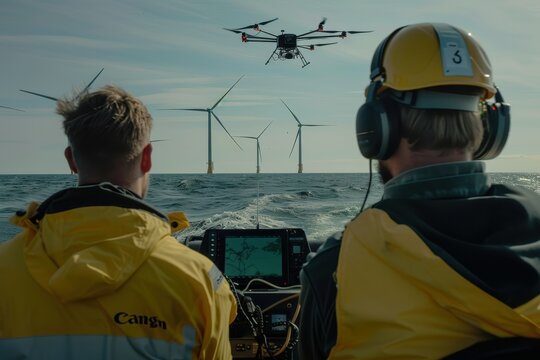 Engineers and scientists using drones to inspect the blades of offshore wind turbines. They are operating the drones from a small boat, monitoring the data on their screens. - Powered by Adobe