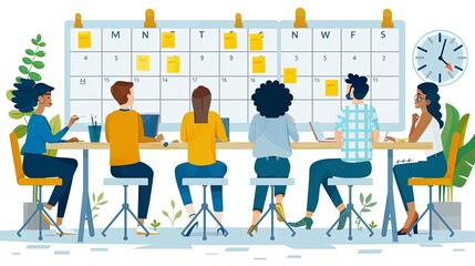 Fototapeta premium People planning concept. Entrepreneurship and calendar schedule planning with filling course campaign. Vector illustrations business meeting and events organizing process office 