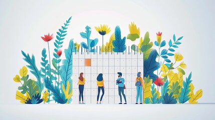 Obraz premium People planning concept. Entrepreneurship and calendar schedule planning with filling course campaign. Vector illustrations business meeting and events organizing process office 