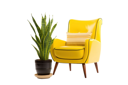 A Vibrant Yellow Armchair With a Snake Plant and Pillow in a Modern Interior Setting on a White or Clear Surface PNG Transparent Background - Powered by Adobe