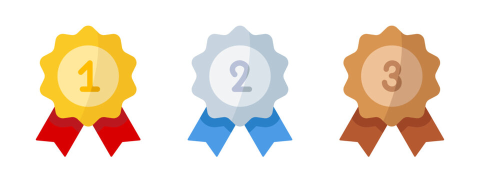 First place award icon. Gold medal vector illustration. 1st, 2nd and 3rd place gold, silver and bronze trophy. Champion reward symbol. Competition or championship prize sign. Achievement badge