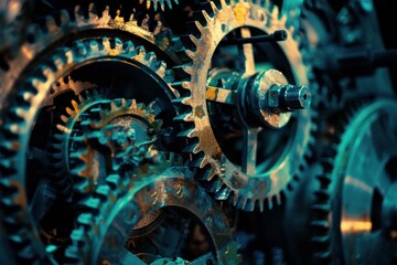 Close up view of intricate clockwork gears operating in unison
