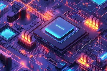 Obraz premium Quantum computer, large data processing, database concept. CPU isometric banner. Central Computer Processors CPU concept.Digital chip with generative ai