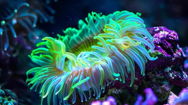 Colorful sea anemone in vibrant green and yellow underwater scene
