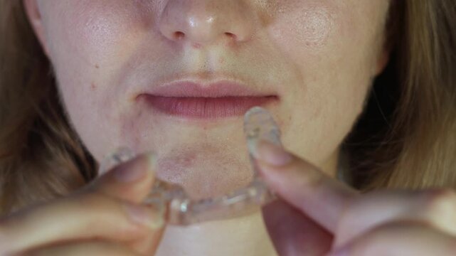 A woman puts a protective mouth guard for teeth in her mouth.