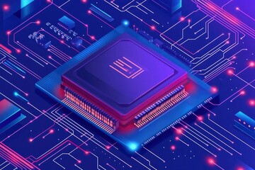 Quantum computer, large data processing, database concept. CPU isometric banner. Central Computer Processors CPU concept.Digital chip with generative ai