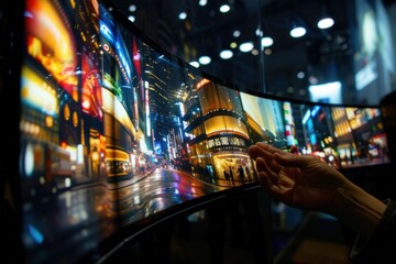 Businessman is using a futuristic curved computer screen showing city night life