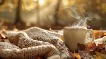 Cozy autumn vibes  steaming mug of hot cocoa surrounded by fall leaves and blankets