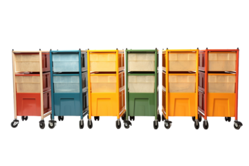 A Rainbow of Rolling Storage Carts in a Bright White Studio on a White or Clear Surface PNG Transparent Background