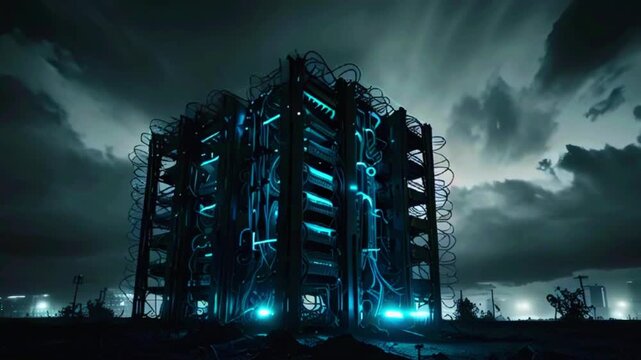 Futuristic server tower glowing in a stormy night.