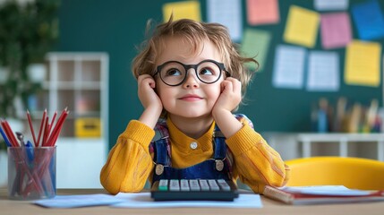 Little kid at a desk with a calculator, feeling smart and proud