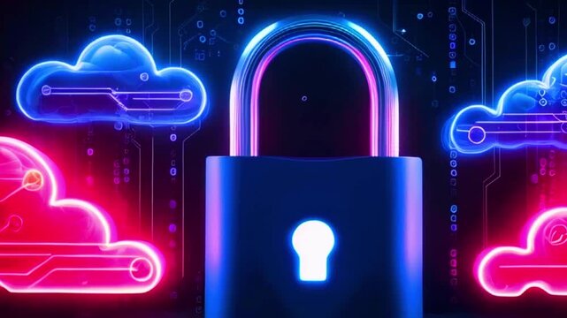 Secure cloud data with a padlock in a futuristic setting.