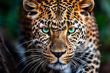 Obraz premium A close-up of a leopard showcases its striking and intense gaze directly into the camera. Its piercing green eyes, prominent whiskers, and sleek, muscular build are visible, a blurred background. 