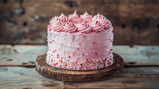 a pink cake sits on top of a wooden table