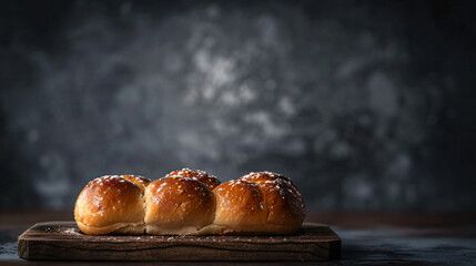 Delicious sweet bread loaf with a dusting of powdered sugar on a rustic wooden cutting board against a dark backdrop