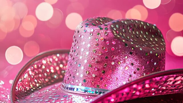 Pink glitter cowboy hat sparkles against festive bokeh backdrop