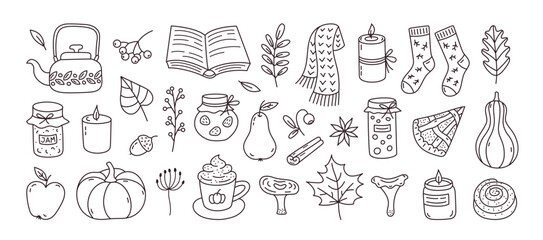 Set of hand drawn autumn doodles. Scarf, candles, hot cocoa, socks, pie, apple, jam, leaves, berries, acorns and mushrooms. Cozy fall collection. Cute season stickers. Vector illustration.