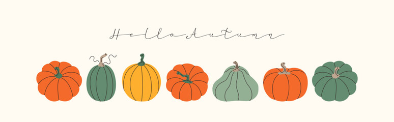 Autumn minimalist banner with cute colorful pumpkins. Thanksgiving and Harvest Day background. Vector template for cover, poster, social media, ads, packaging.