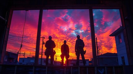 Fototapeta premium A dramatic shot of plumbers connecting water lines at sunset, with the sky outside the windows painted in vibrant hues of orange and pink. The plumbers are silhouetted against the colorful sky,