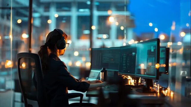 A skilled worker utilizing advanced communication technology in a bustling business environment, fostering seamless collaboration and efficient workflow integration.