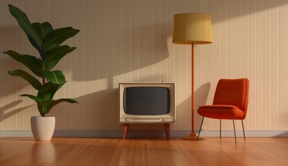 Fototapeta premium Retro TV in 1960s Living Room - Photorealism