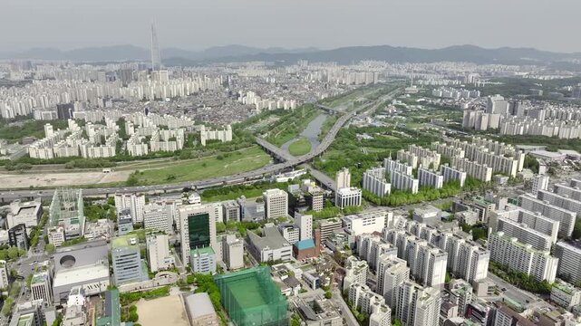 rone View of Seoul city in South Korea, gangnam financial district, Summer 60fps