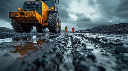 A dramatic, wide-angle photograph of workers conducting safety and quality checks during a cloudy day, with dark clouds overhead adding a sense of urgency and intensity to the inspection work.