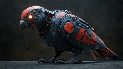 Fototapeta premium 3D Render of a Cybernetic Parrot with Red and Black Armor and Glowing Eye in a Futuristic Sci-Fi Setting