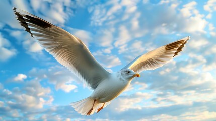 Fototapeta premium Seagull in Flight with Radiant Sky