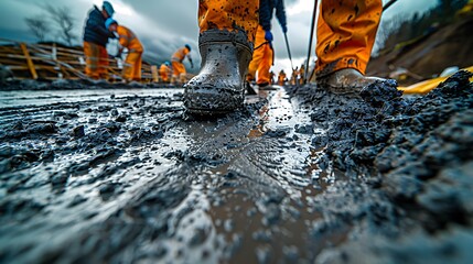 A dramatic, wide-angle photograph of workers smoothing out freshly poured concrete during a cloudy day, with dark clouds overhead adding a sense of urgency and intensity to the construction work.