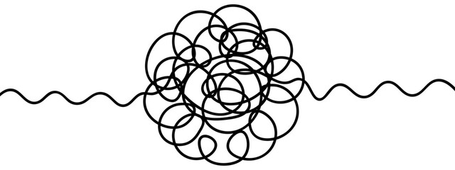 Tangled ball of doodles. Sketch. Curly ball of thread with wavy ends on the sides. Vector illustration. Hand drawn circle with a beginning and an end. Careless curls drawn with a black pen. 