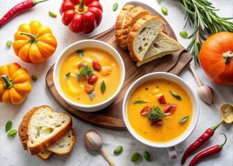 Autumn-inspired dinner setup featuring creamy pumpkin soup, flavorful chicken, sweet peppers, rosemary, and cheese sandwiches on a white background.