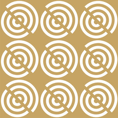 Abstract geometric pattern with circles, stripes, lines. Seamless vector background. White and gold ornament. Modern reticulated graphic design.