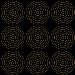 Abstract geometric pattern with circles, stripes, lines. Seamless vector background. Black and gold ornament. Modern reticulated graphic design.