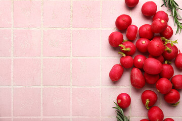Heap of fresh radish on pink tile background