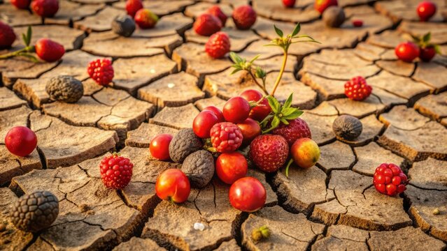 Wilted berries shrivel on parched earth amidst cracks, emphasizing devastating climate change consequences of severe drought, water scarcity, and desertification.